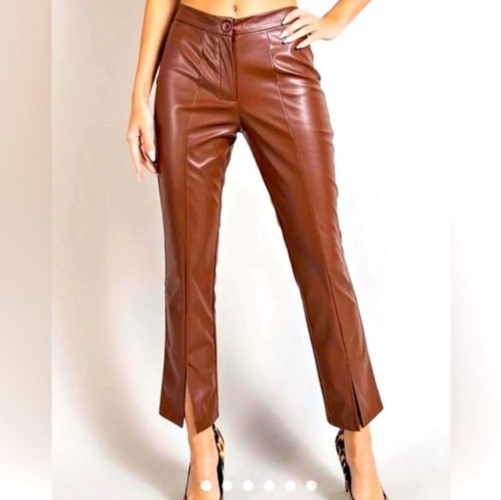 NEW Jason Wu High Rise Faux Leather Pant Slim Fit Slit Hem Caramel Medium - Picture 13 of 16